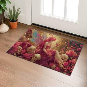 lot 78351 image: Gothic Fairy Indoor Door Mat with Iridescent Wings, Skulls, and Roses, Welcome 29.5 17 Non-Woven Floor Mat, Non-Slip Doormat Rug for Front Door, Porch, Bathroom, Kitchen, Home Decor, Gifts