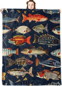 lot 78352 image: Colorful Tropical Fish Flannel Blanket,Marine Life Throw on Dark Blue Background,Lightweight Fleece Blankets for Ocean Lover,Couch,Cabin,Bed,Camping Nautical Decor Gifts,50x40in