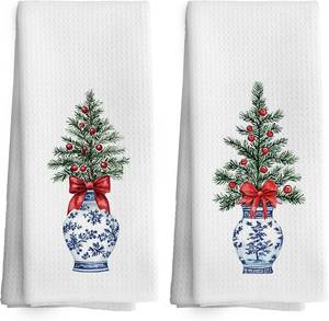 lot 78363 image: Christmas Chinoiserie Decor Kitchen Towels Holiday Xmas Dish Towel 16x24 Inches, Blue and White Chinese Vase Decorative Absorbent Dishcloths Tea Towels Set of 2 for Kitchen Bar Cart Decor
