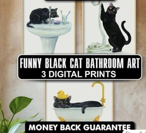 lot 78403 image: Bathroom Black Cat Prints Set of 3