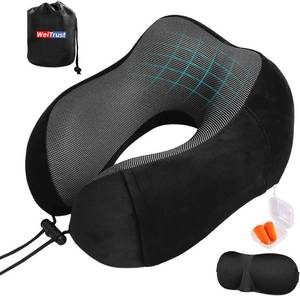 lot 78417 image: Airplane Pillow, Travel Neck Pillow with Memory Foam - Adjustable Buckle & Machine Washable Cover for Flights, Car, Office - Includes Eye Mask & Ear Plugs(Black)