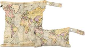 lot 78456 image: Vintage World Map Wet Dry Bag for Cloth Diaper Swimsuit, Educational World Map Waterproof Wet Bag Organizer Pouch with Zippered Pockets and Snap Handle Washable for Travel Daycare Gym, 2 Pack COLOR IS PURPLE