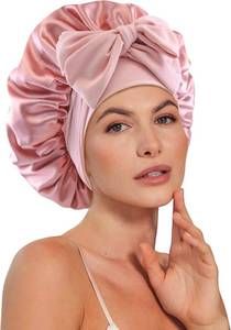 lot 78462 image: Double Layer Satin Silk Hair Bonnet for Sleeping Women Reversible Adjustable Bonnet with Tie Band for Curly Braids Hair