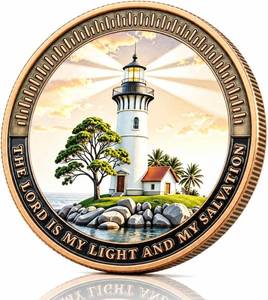 lot 78478 image: Christian Challenge Coin Faith Pocket Token   Inspirational Psalm 271 Dual-Sided Lighthouse Medallion, Religious Gift for Men, Women, Baptism, First Communion
