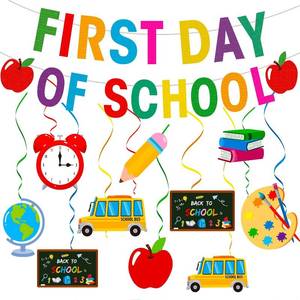 lot 78479 image: Pre-Strung First Day of School Party Banner Back to School Hanging Swirls Garlands 1st Day Of School Welcome Back Party Decorations Supplies Party Favors for Kindergarten PreK 1st Grade Students