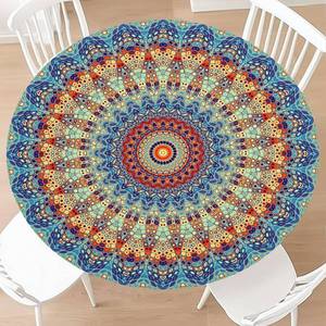 lot 78484 image: KSLIDS Round Fitted Tablecloth with Elastic Edge Mandala Blue Boho Picnic Table Cover Colorful Bohemian 70S Rustic Waterproof Wipeable Table Cloth Fit 40-44 Tables for Outdoor,Patio,Camping,Dinner