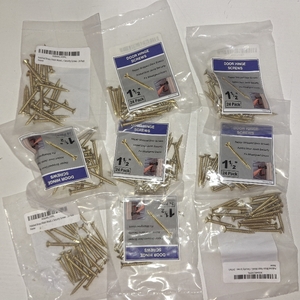 lot 78493 image: 9 Bags Door Hinge Screws Extra Long #9 x 1-12   Polished Brass Finish Wood Screws   Door Security Screws for Sagging Door Repair, Heavy Duty Steel, 24 Pack