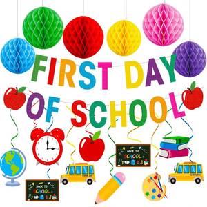 lot 78503 image: First Day of School Party Banner with Honeycomb Balls Back to School Hanging Swirls Garlands 1st Day Of School Welcome Back Party Decorations Supplies Party Favors for Kindergarten PreK 1st Grade