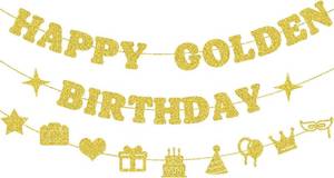 lot 78504 image: 2 Pack Golden Birthday Party Decorations, Pre Strung Happy Golden Birthday Banner Sign for Gold Birthday Decorations Women Men Girls Boys Home Office Celebration Wall Mantel Ceiling Photo Backdrop Decor