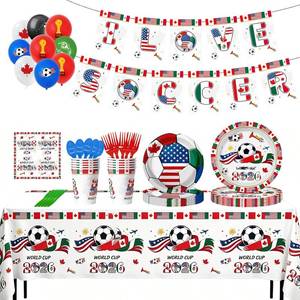 lot 78532 image: 2026 World Soccer 102Pcs Birthday Party Decorations Includes Plates, Napkins, Cups, Banner, Tablecloths, Balloons, Cupcake Toppers for 2026 Soccer Party Decorations, Serves 10
