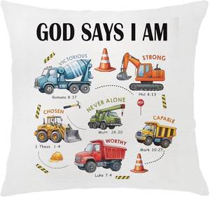 lot 78536 image: Construction Christian Pillow Covers 18x18, Christian Home Decor, Construction Room Decor for Boys, God Says I Am Inspirational Religious Bible Verse Decorative Throw Pillow Covers