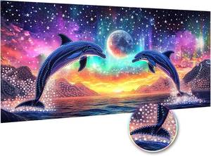 lot 78563 image: Zariocy 5D Special Shape Large Diamond Art Kits for Adults, DIY Aurora Dolphin Diamond Painting Art Marine Life Crystal Diamond Embroidery Paintings Arts Craft for Home Office Wall Decor 12x24 inch