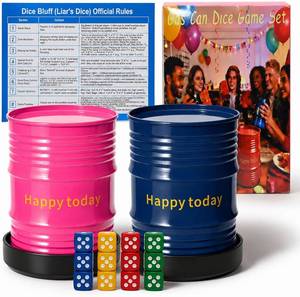 lot 78572 image: Lies Dice Game Set with 2 Gas Can Shaped Dice Cups, 12 Colorful Dice and Base, for 2-6 Players, Party and Family Fun (PinkBlue)