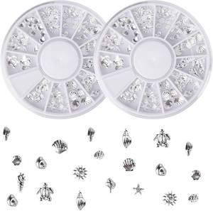 lot 78624 image: 2 Discs Beach Nail Charms, Seashell Ocean Nail Charms, 3D Alloy Summer Ocean Theme Beach Jewelry with Silver Assorted Styles, DIY Manicure Decorations for Women & Girls