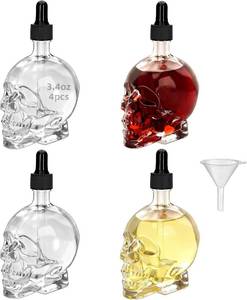 lot 78677 image: 4Pcs 3.4oz Skull Glass Dropper Bottle with Funnel   Refillable Essential Oil Bottle, Unique Crystal Skull Design for Perfume, Liquor, Decoration 100ML (4)