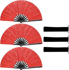 lot 78698 image: Glitter bling Large Folding Fan-Hand Fan Rave Clack Popping Fan for Line Dancing Clacking Fans for Boots On The Ground Dance, Party for EDM, Music Festival, Hot Flashes, Party, Decoration(3pcs red)