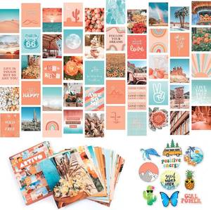 lot 78734 image: Peach Aesthetic Wall Collage Kit, Room Decor for Teen Girls, Peachy Teal Wall Art Print, Dorm Photo Collection, Boho Posters for Room Aesthetic  (Peach)