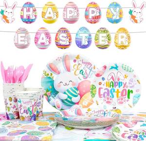lot 78736 image: Easter Party Tableware for 20 Guests, Spring Party Tableware Egg Bunny Plates and Napkins Tablecloth Banner etc Easter Bunny Birthday Decorations Supplies