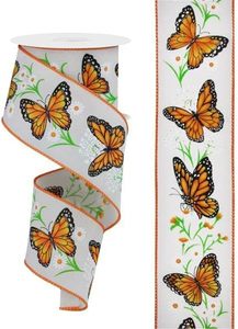 lot 78747 image: Craig Bachman 2.5 x 10 Yds Monarch Butterfly with Daisies Wired Edge Ribbon, Cream Pongee Fabric for Spring Wreaths, Summer Floral DIY Crafts, and Gift Wrap, Item RGE1506C2