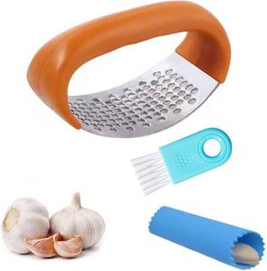 lot 78769 image: Garlic Press Rocker - Stainless Steel Garlic Crusher, Chopper, Mincer with Silicone Garlic Peeler, Mini Brush Tools For You (Yerrow)