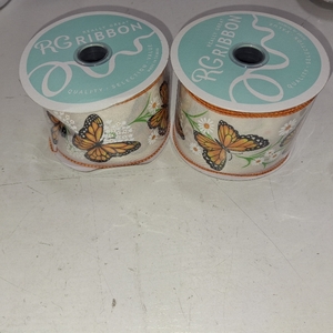 lot 78819 image: 2 Pack Craig Bachman 2.5 inch x 10 Yards Wired Ribbon Wreath Making Supplies Butterfly and Daisy Print Royal Burlap Ribbon Alternative for Bow Maker Seasonal Decor Ivory