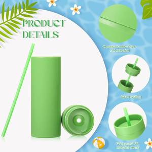 lot 78821 image: 16 oz Skinny Tumbler with Lid and Straw Reusable Double Wall Plastic Travel Water Drinking Cups Mug for Birthday Summer Party Favors - Color varies from stock photo