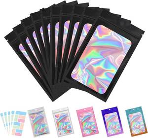 lot 78847 image: 100 Pack Sealable Bags for Packaging, Resealable Bags for Small Business Sample Bags with Front Window Mylar Bags for Food Storage with 100 Color Labels(Black,7.1 X 10.2 Inch)
