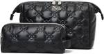 BOYATU Travel Makeup Bag Cosmetic Pouch: 2 Pcs Set Waterproof Vegan Leather Cosmetic Bags for Women - Cute Quilted Skincare Make up Toiletry Bag for Girl (02-Black)