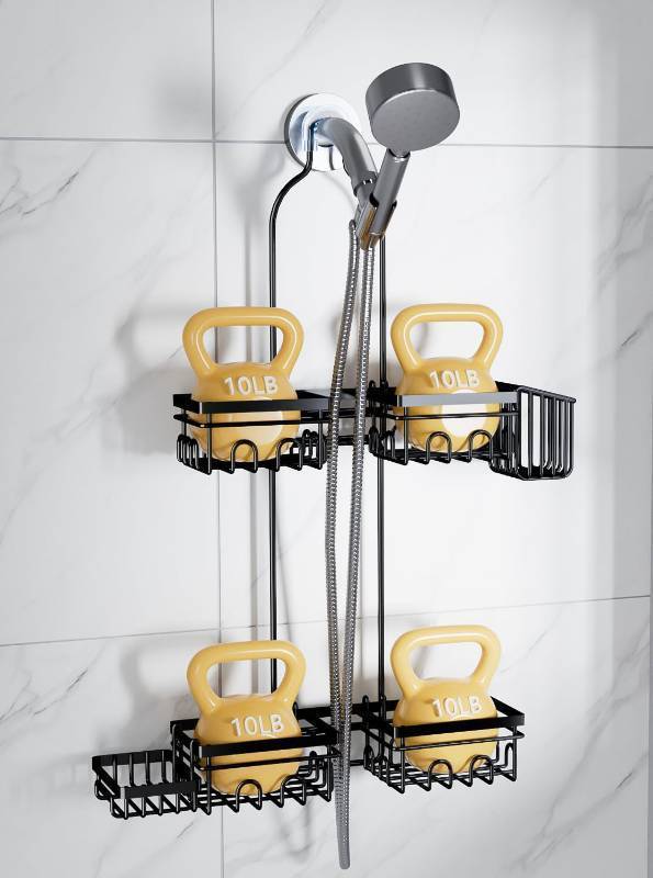 lot 10747 image: KEGII Shower Caddy Hanging for Handheld Showerheads, Rustproof Hanging Shower Organizer with Soap Dish, Toothbrush Holder and Hooks, Over Showerhead Caddy for Bathroom