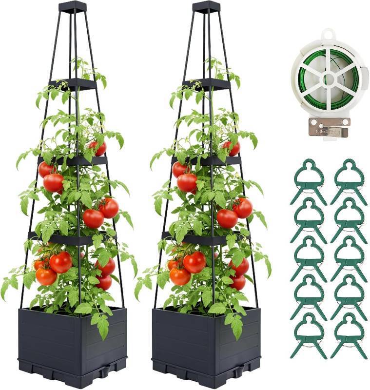 lot 1310 image: 2 Pack Raised Garden Bed Planter Box with Trellis, 57 Self-Watering Tomato Planter with Trellis, Tomato Cage Plant Support for Climbing Plants Vegetable Vine Flowers Patio Outdoor Indoor