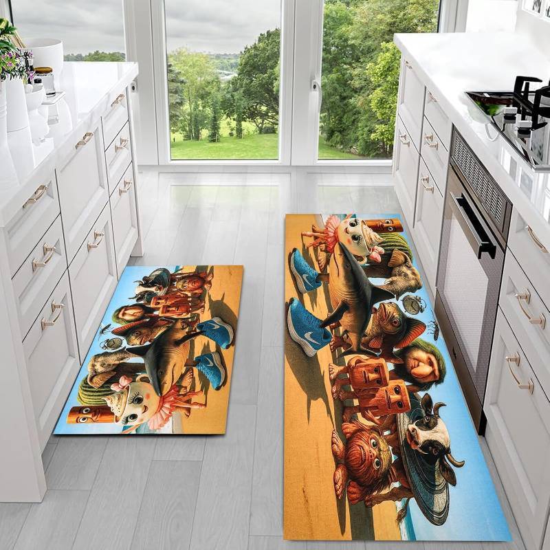 lot 5961 image: Italian Brainrot Kitchen Floor Set of 2 - Non-Slip Low Profile Floor Mats, Washable Rubber Carpet for Kitchen & Living Room (16x47in  16x24in), Bedroom & Entryway Decor