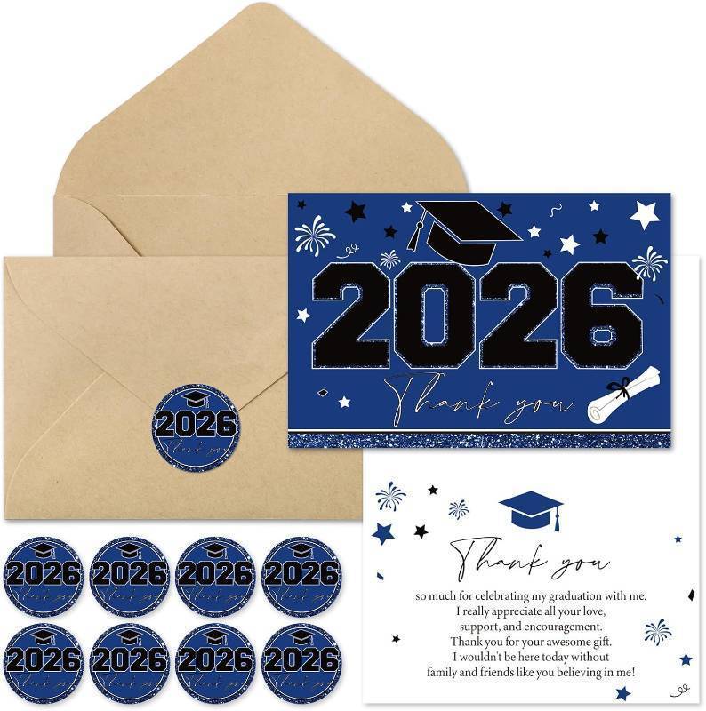 lot 18307 image: Whaline 36 Pcs 2026 Graduation Thank You Cards Greeting Cards Blue Congrats Grad Hat Note Card with Envelope Sticker for School Graduation Party Invitation Supplies, 4 x 6 Inch