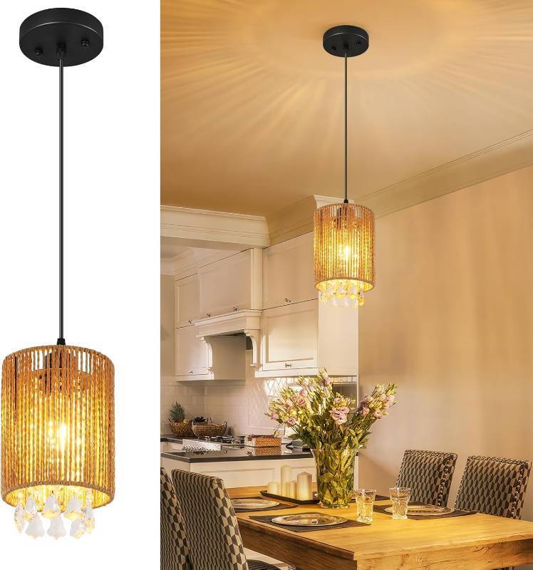 lot 13013 image: Bathroom,Closet Handmade Rattan Pendant Light, Boho Lights Crystal Decoration, Suitable for Restaurants,Kitchens,