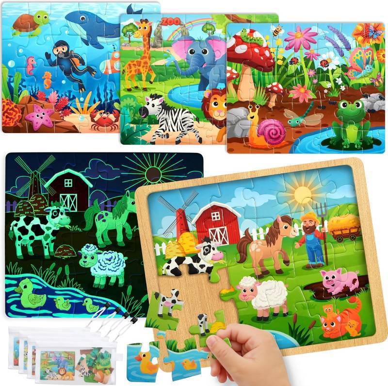 lot 3302 image: SYNCFUN 4-in-1 Animal Wooden Puzzles Glow in The Dark Toys, 24 & 35 PCS Montessori Puzzles Board Toys for Toddlers Ages 3-5, Farm, Ocean, Zoo, Insect Themes, Birthday Valentine Easter Gifts for Kids