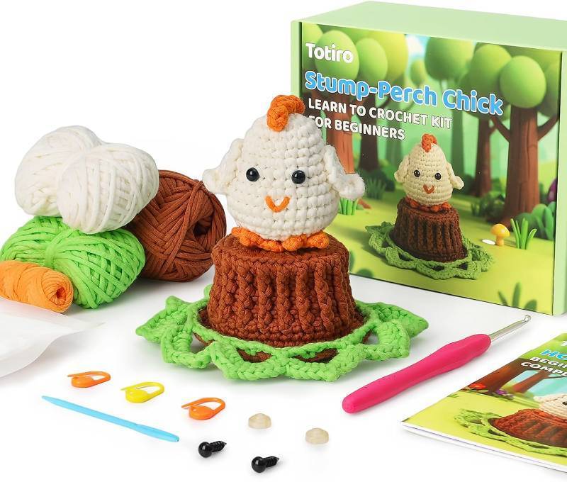 lot 9928 image: Totiro Crochet Kit for Beginners, Chicken Amigurumi Starter Kit, Easy DIY Craft Set with Step-by-Step Video Tutorials, Coaster Crochet Pattern Learning Kit for Teens Adults Birthday Gift