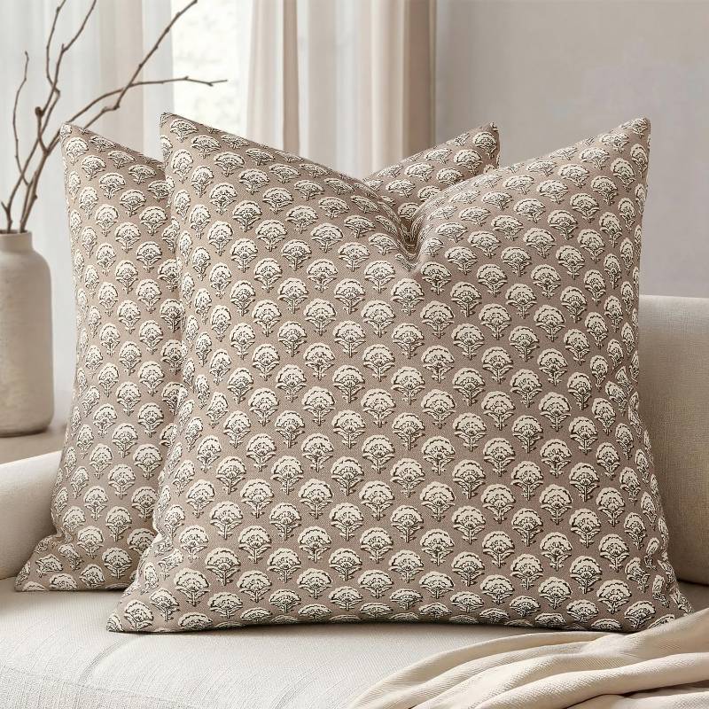 lot 22002 image: MIULEE Set of 2 Decorative Floral Pillow Covers Neutral Vintage Throw Pillows Block Print Boho Farmhouse Cushion Covers for Modern Spring Home Decor Couch Sofa Bed Living Room, 20x20 Inch, Light Taupe
