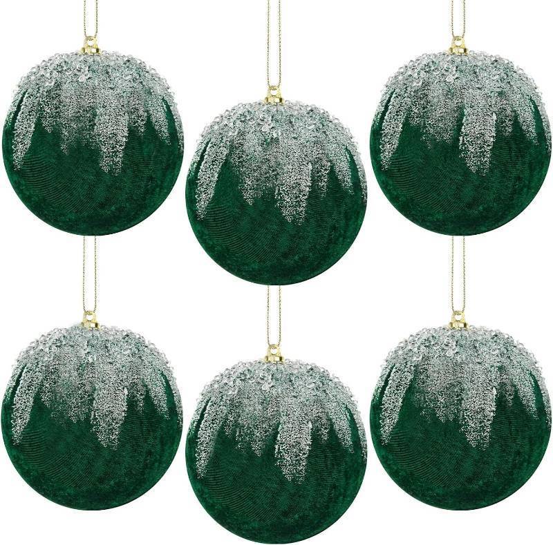 lot 3180 image: 6PCS Dark Green Velvet Christmas Balls, 4 Inch Velvet Ornaments for Christmas Tree Glitter Shatterproof Flocked Ornaments Ball Hanging Ornaments for Indoor Holiday Wedding Party