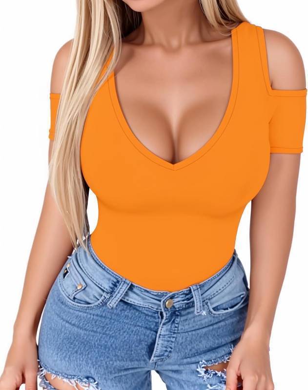 lot 13182 image: HERLOLLYCHIPS Women Tops Summer Deep V Neck Short Sleeve Cold Shoulder Slim Fit Casual Sexy Tees T-Shirts, Orange 3X-Large