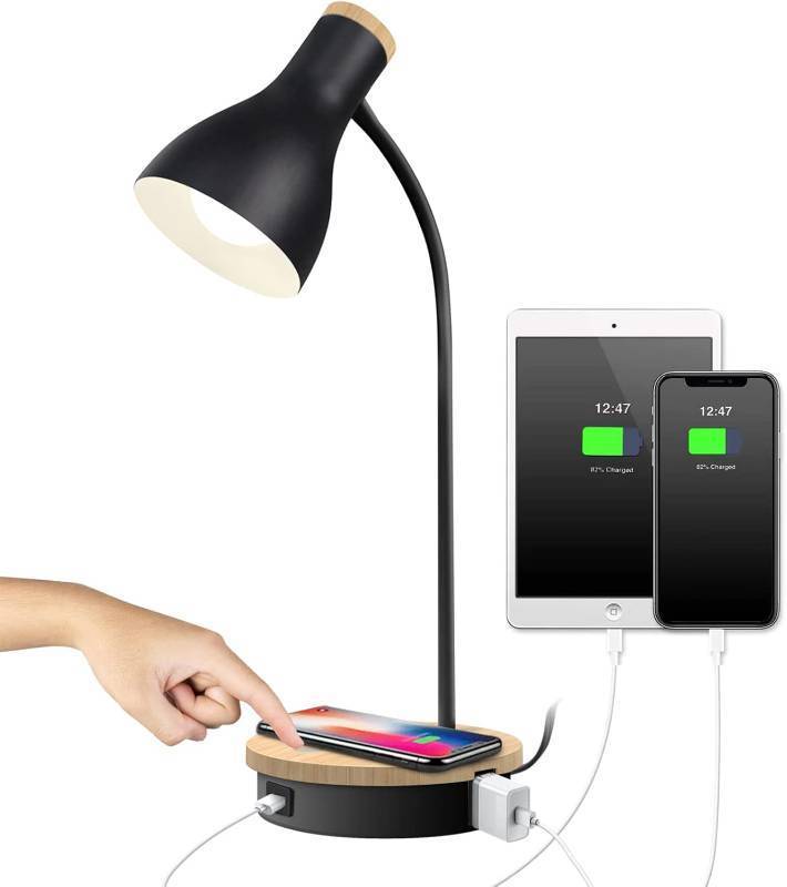 lot 19429 image: LALISU Metal Desk Lamp Wireless Charging Table Lamp Touch Reading Lights Arc Desk Lamps for Bedroom, 3 Way Dimmable Bedside Lamp with USB Charging Ports Lamp for Study Room and Office (Black)
