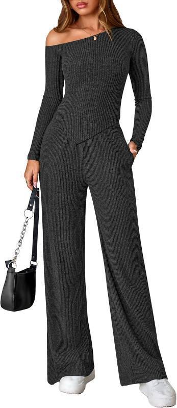 lot 37682 image: PRETTYGARDEN Fall Two Piece Sets For Women 2026 Off Shoulder Tops Long Pants Knit Matching Lounge Set Airport Travel Outfits(Dark Grey,X-Large)