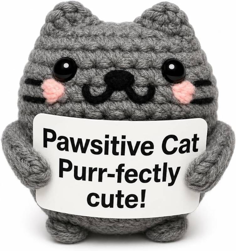 lot 10743 image: Positive Cat Crochet Amigurumi Yarn Kitty with Card - Handmade Inspirational Gift for Cat Lovers, Friends, Coworkers, Desk Decor