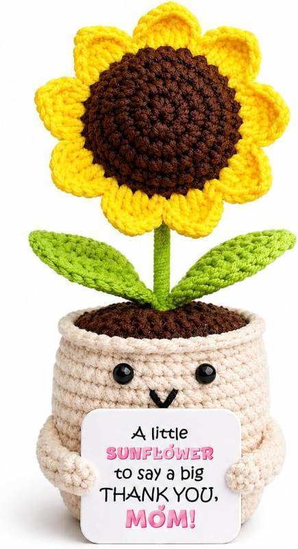 lot 8261 image: Crochet Sunflower Gift for Mom, Handmade Knitted Flower Pot with Thank You Card, Cute, Birthday Gift for Mom, Grandma, Wife, Women Unique Desk Decor, Small Idea