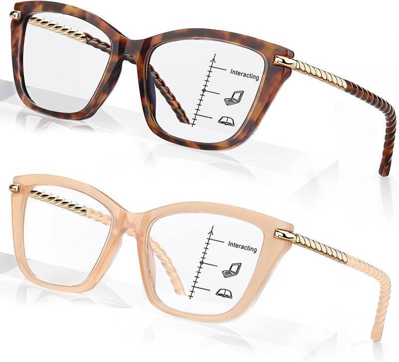 lot 1197 image: 2 PCS Eye-catching Progressive Multifocus Reading Glasses Women, Trendy Cat Eye Computer Readers with Twist Temples, Anti Blue LightEyestrain Multifocal Glasses, 1.25x (Top is not 0)