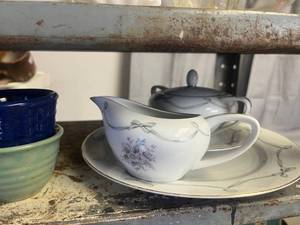lot 5 image: Dishware Lot Porcelain Gravy Boat, Plates, Bowls, Teapot, Cups