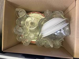 lot 10 image: Lot of Glass Teacups with Embossed Designs Glass Plates Cake stand and bowls