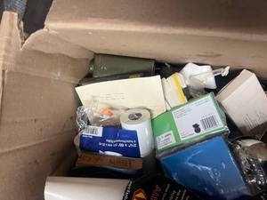 lot 19 image: Mixed Lot Box - Thread Spools Tape Rolls Tic-Tac-Toe Game Calculator Mouse Measuring Cup Wire Basket and More