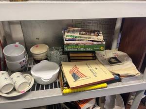 lot 22 image: Mixed Lot Books VHS, Dishware, Linens, and Photo Shelf Lot