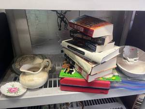 Two Shelf lot. Books, Home Decor and Kitchen Supplies