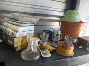 lot 24 image: Shelf Lot includes Dinnerware Set Blue Floral Design Plates Bowls Serving Dishes