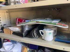 lot 28 image: Mixed Shelf Lot Books CDs DVDs Tin Box Pitcher Vase Bag CC50-11 Classy Classics